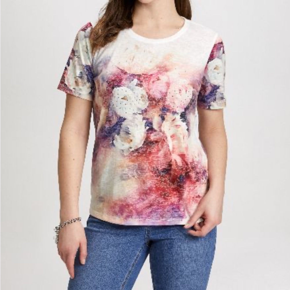 Laura Floral Print Burnout Short Sleeve Tee Shirt White